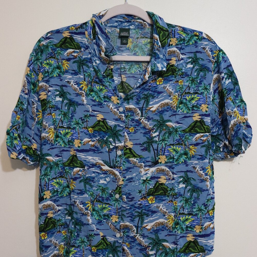 Wild Fable Tropical Hawaiian Print Rayon Button Down Shirt Blue Multi Size M
